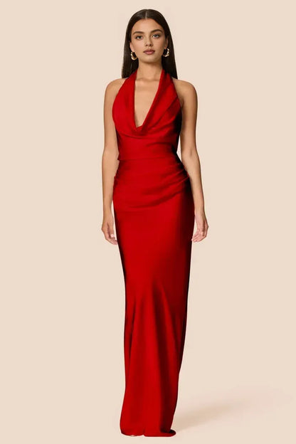 Simple Sheath Halter Cowl Neck Sleeveless Satin Floor-Length Prom Dress