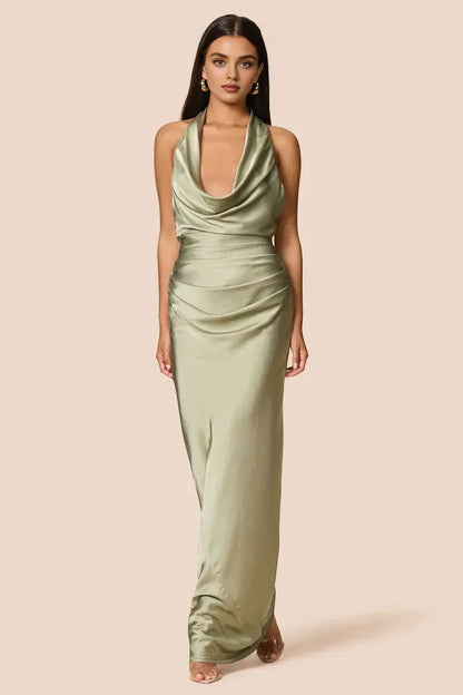 Simple Sheath Halter Cowl Neck Sleeveless Satin Floor-Length Prom Dress