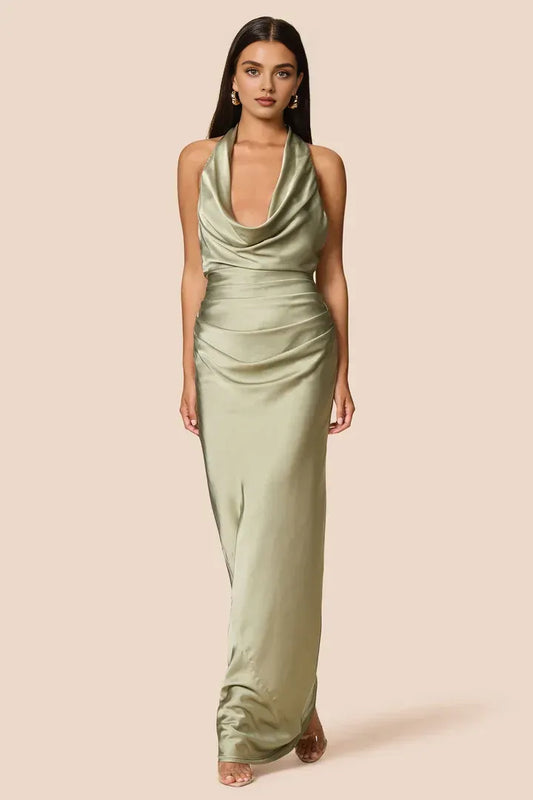 Simple Sheath Halter Cowl Neck Sleeveless Satin Floor-Length Prom Dress