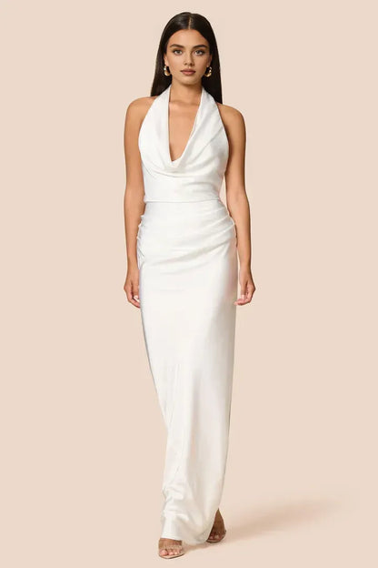Simple Sheath Halter Cowl Neck Sleeveless Satin Floor-Length Prom Dress