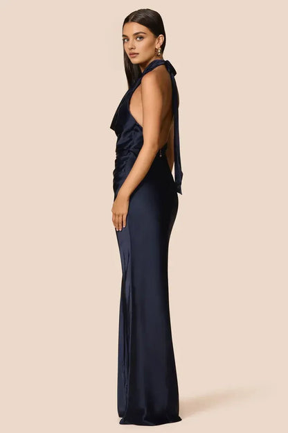 Simple Sheath Halter Cowl Neck Sleeveless Satin Floor-Length Prom Dress