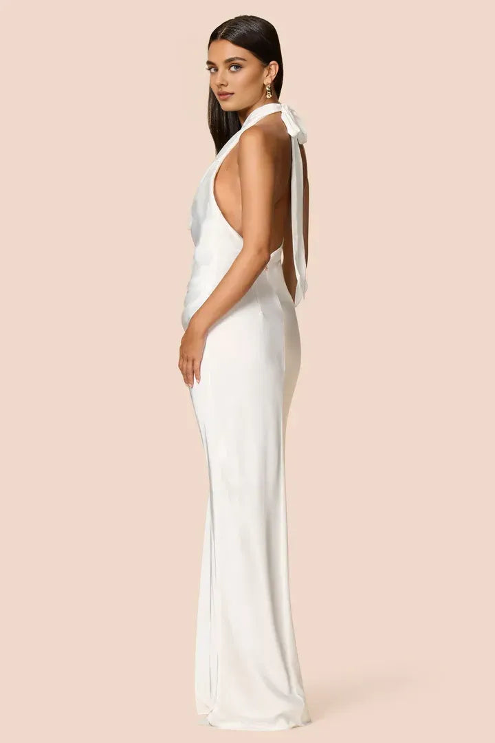Simple Sheath Halter Cowl Neck Sleeveless Satin Floor-Length Prom Dress