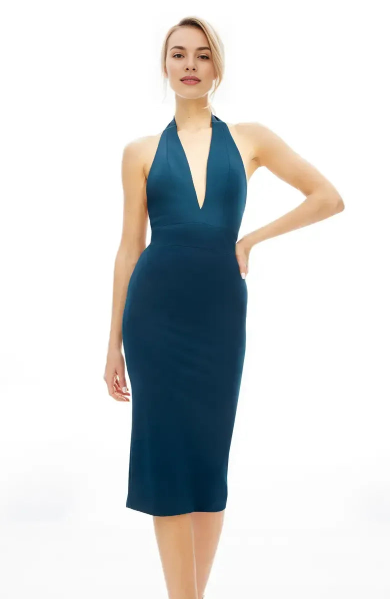 Simple Sheath Halter Neck Sleeveless Backless Tea-Length Prom Dress