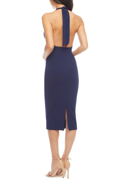 Simple Sheath Halter Neck Sleeveless Backless Tea-Length Prom Dress