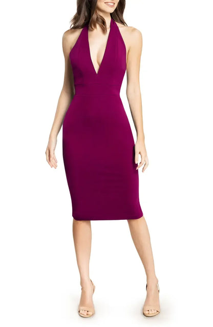 Simple Sheath Halter Neck Sleeveless Backless Tea-Length Prom Dress