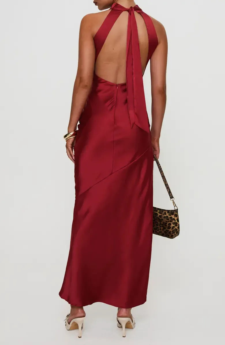 Simple Sheath Halter Neck Sleeveless Satin Ankle-Length Prom Dress
