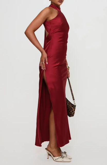 Simple Sheath Halter Neck Sleeveless Satin Ankle-Length Prom Dress