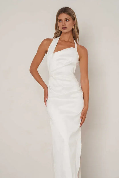 Simple Sheath Halter Neck Sleeveless Satin Ankle-Length Prom Dress