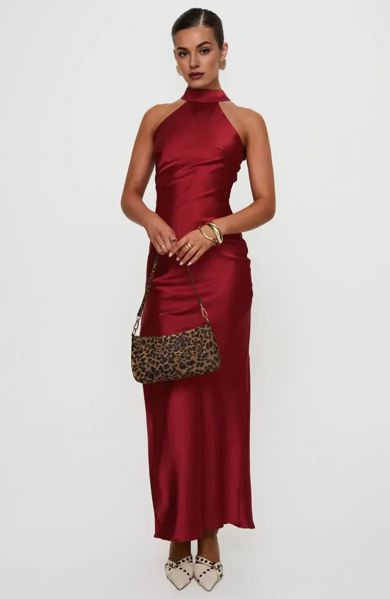 Simple Sheath Halter Neck Sleeveless Satin Ankle-Length Prom Dress