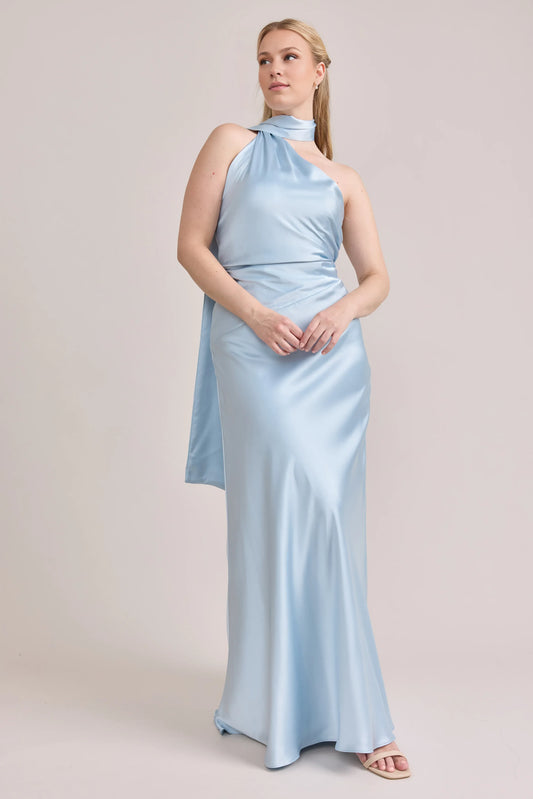 Simple Sheath High Neck Sleeveless Satin Floor-Length Prom Dress