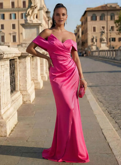 Simple Sheath Off-The-Shoulder Sleeveless Pleated Satin Sweep Train Prom Dress