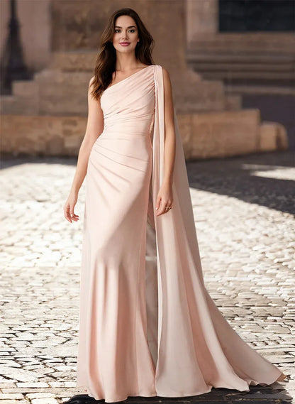 Simple Sheath One-Shoulder Sleeveless Pleated Chiffon Sweep Train Evening Dress