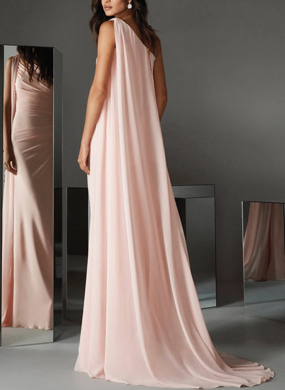 Simple Sheath One-Shoulder Sleeveless Pleated Chiffon Sweep Train Evening Dress