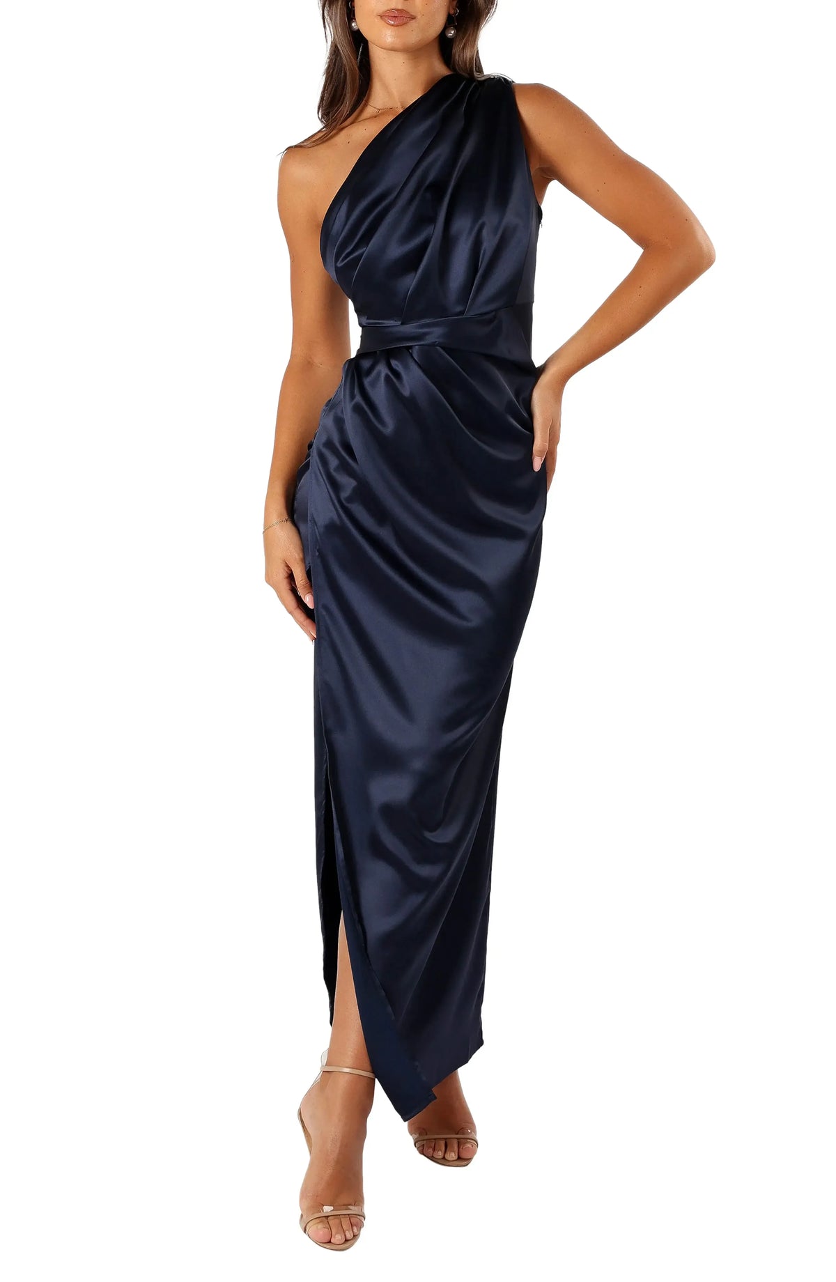 Simple Sheath One-Shoulder Sleeveless Satin Ankle-Length Prom Dress