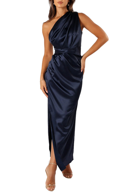 Simple Sheath One-Shoulder Sleeveless Satin Ankle-Length Prom Dress