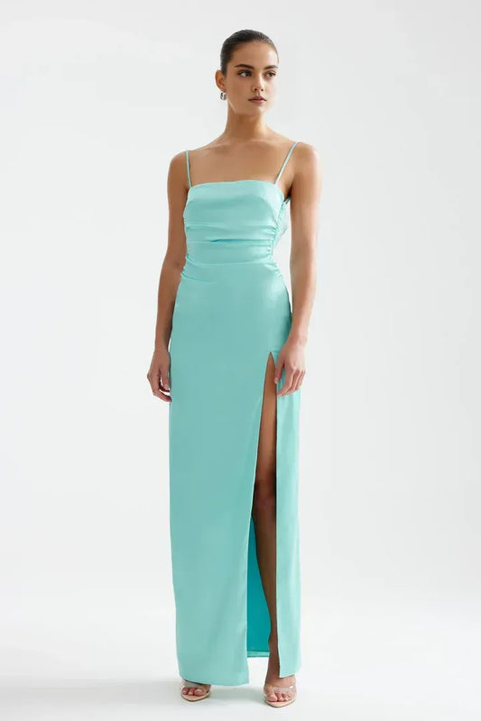 Simple Sheath Spaghetti Straps Sleeveless Satin Floor-Length Prom Dress