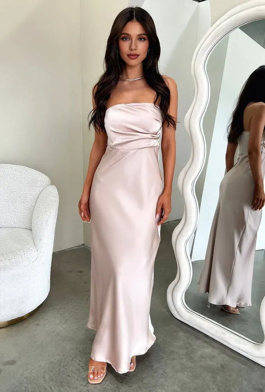 Simple Sheath Strapless Sleeveless Pleated Satin Floor-Length Prom Dress