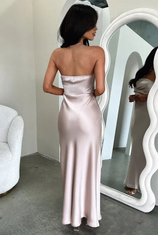 Simple Sheath Strapless Sleeveless Pleated Satin Floor-Length Prom Dress