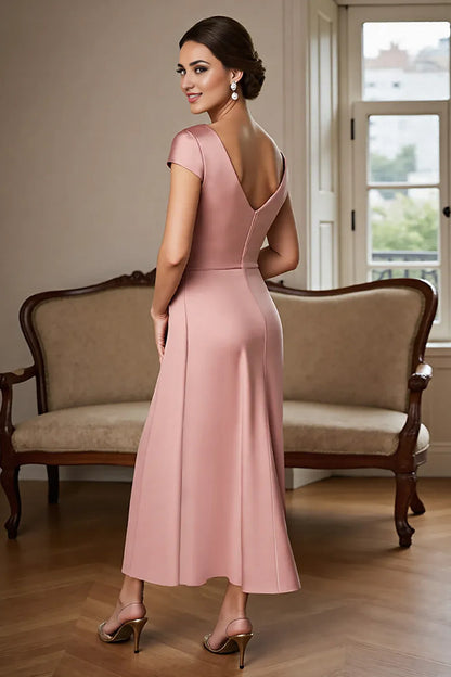 Simple Sheath V-Neck Cap Sleeve V Back Ankle-Length Mother of the Bride Dress