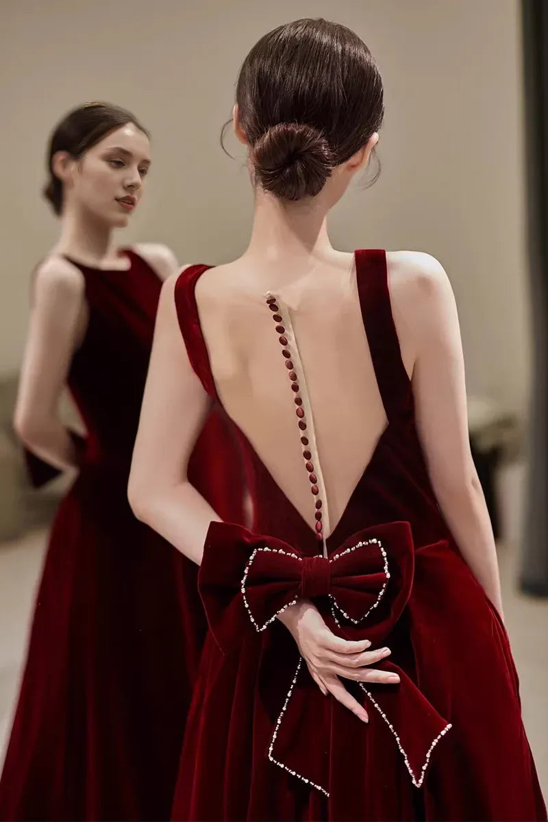Simple Sleeveless A line Scoop Velvet Burgundy Velvet Long Prom Dresses
