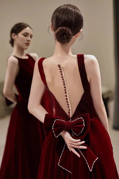 Simple Sleeveless A line Scoop Velvet Burgundy Velvet Long Prom Dresses