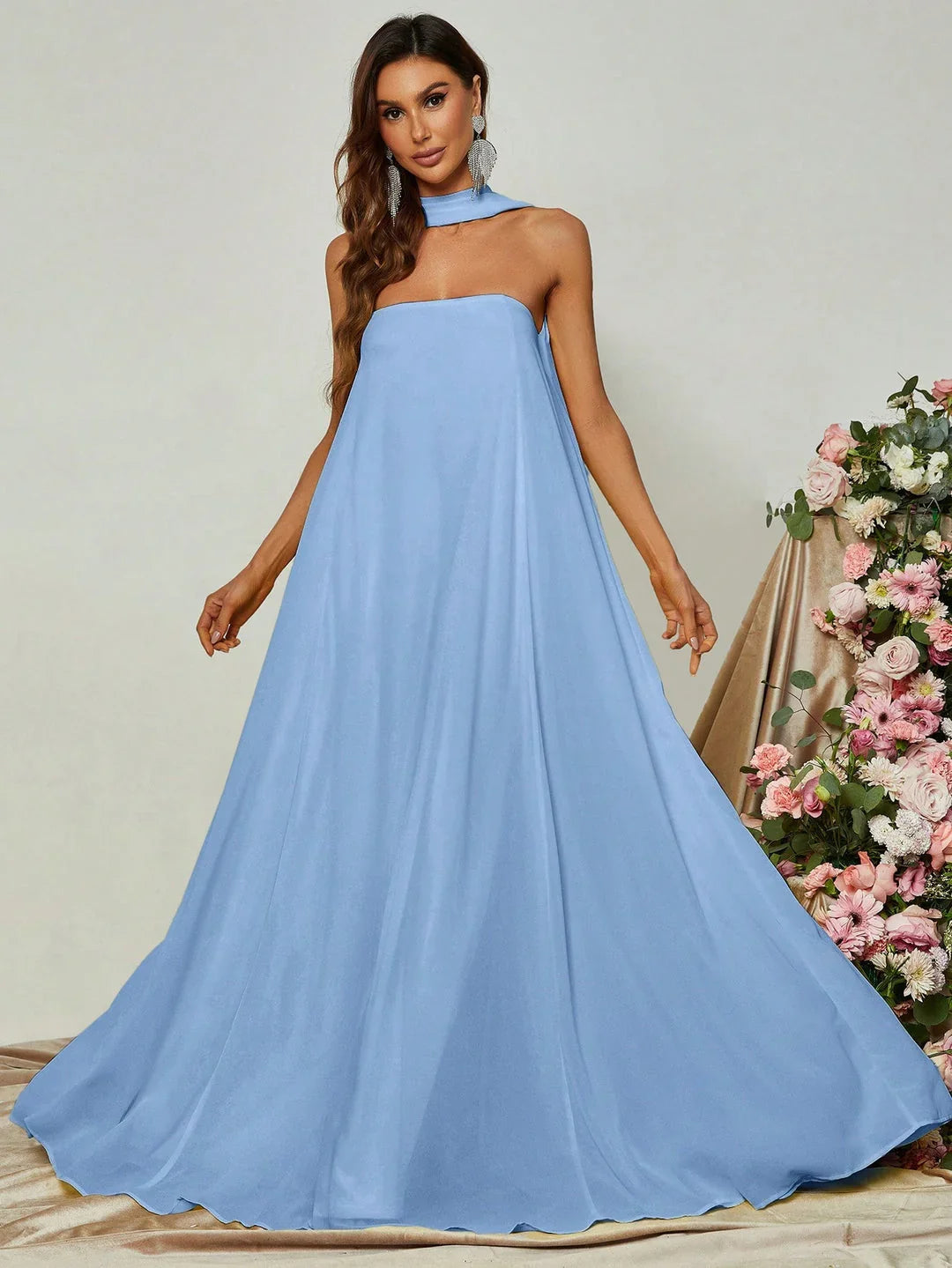 Simple Straight Tube Strapless Sleeveless Backless Sweep/Brush Train Prom Dress