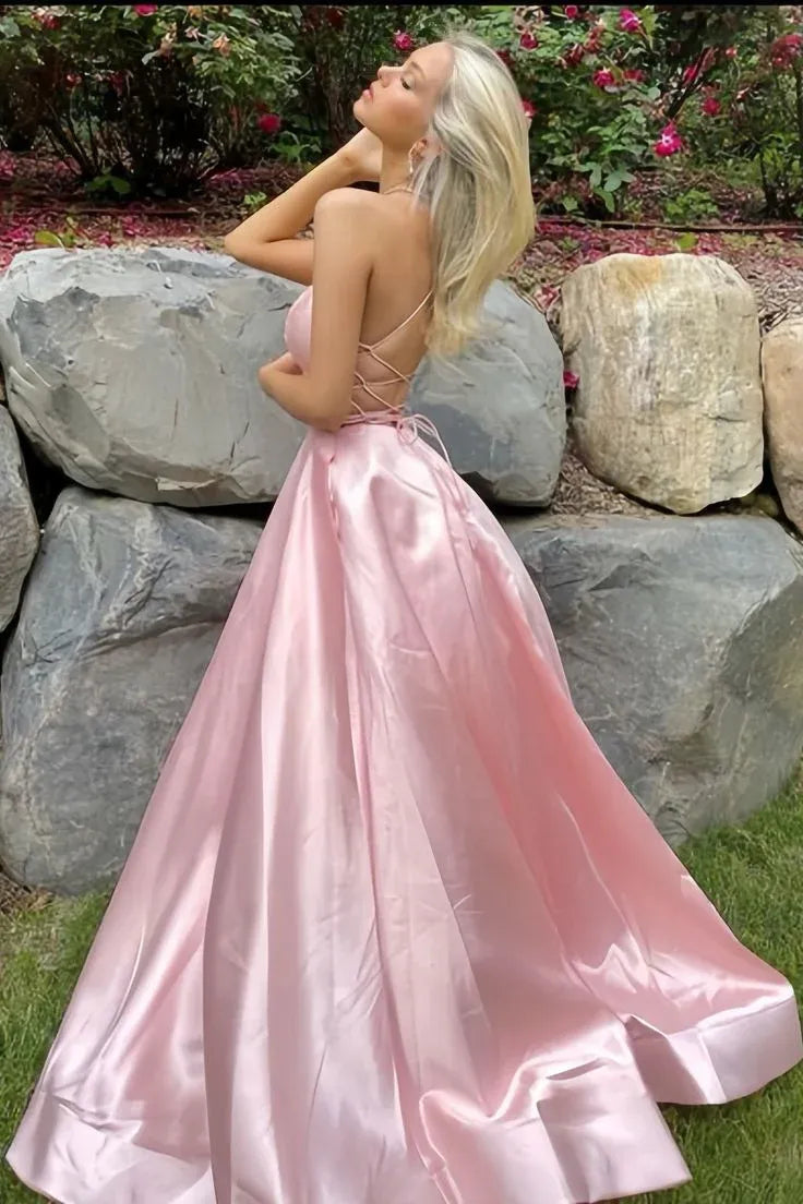 Simple Strapless Sleeveless A Line Slit Satin Floor-Length Party Dress