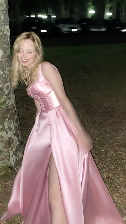 Simple Strapless Sleeveless A Line Slit Satin Floor-Length Party Dress