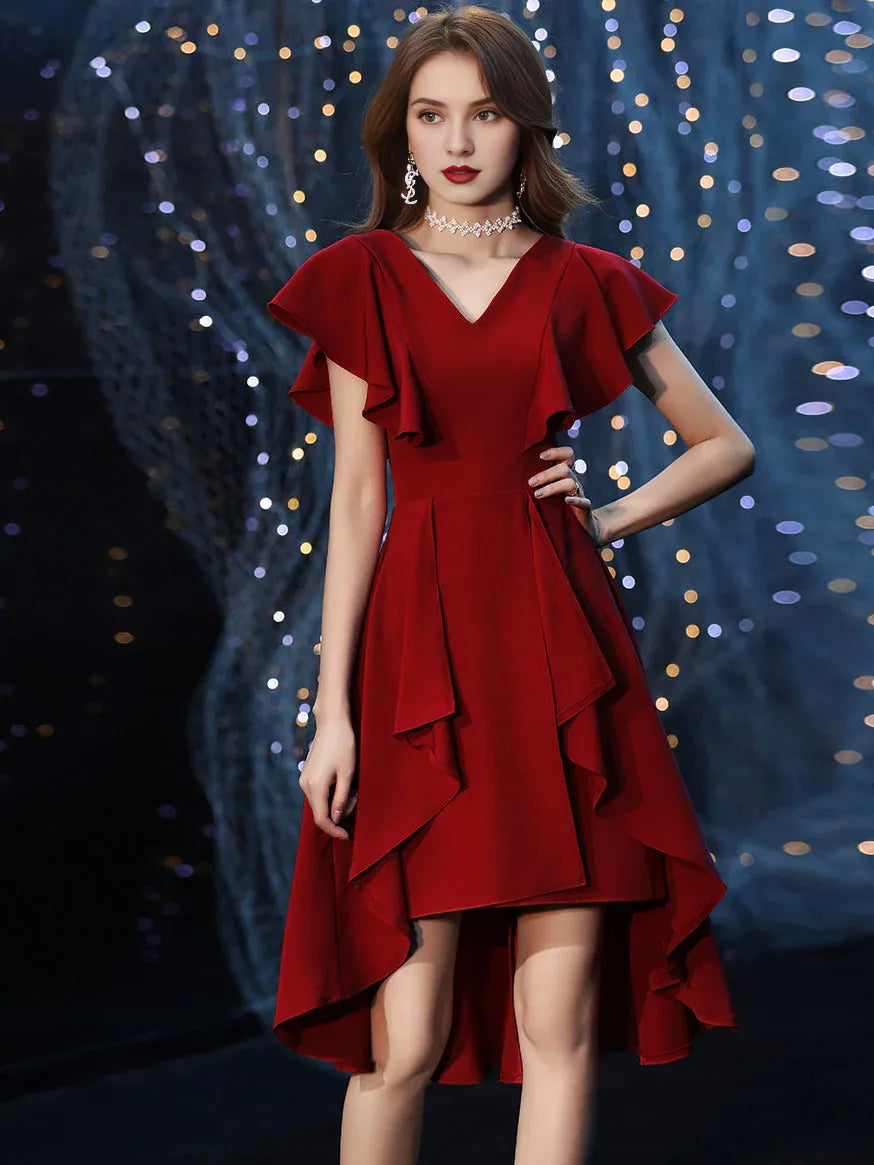 Simple V Neck Burgundy Short Tea Length Party Dress Homecoming Dress