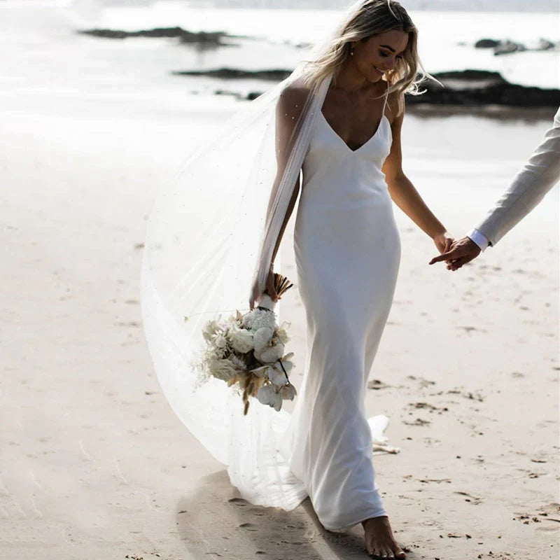 Simple V Neck Spaghetti Straps Mermaid Beach Minimalist Wedding Dresses