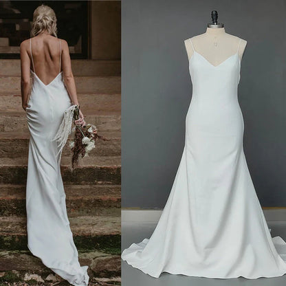Simple V Neck Spaghetti Straps Mermaid Beach Minimalist Wedding Dresses