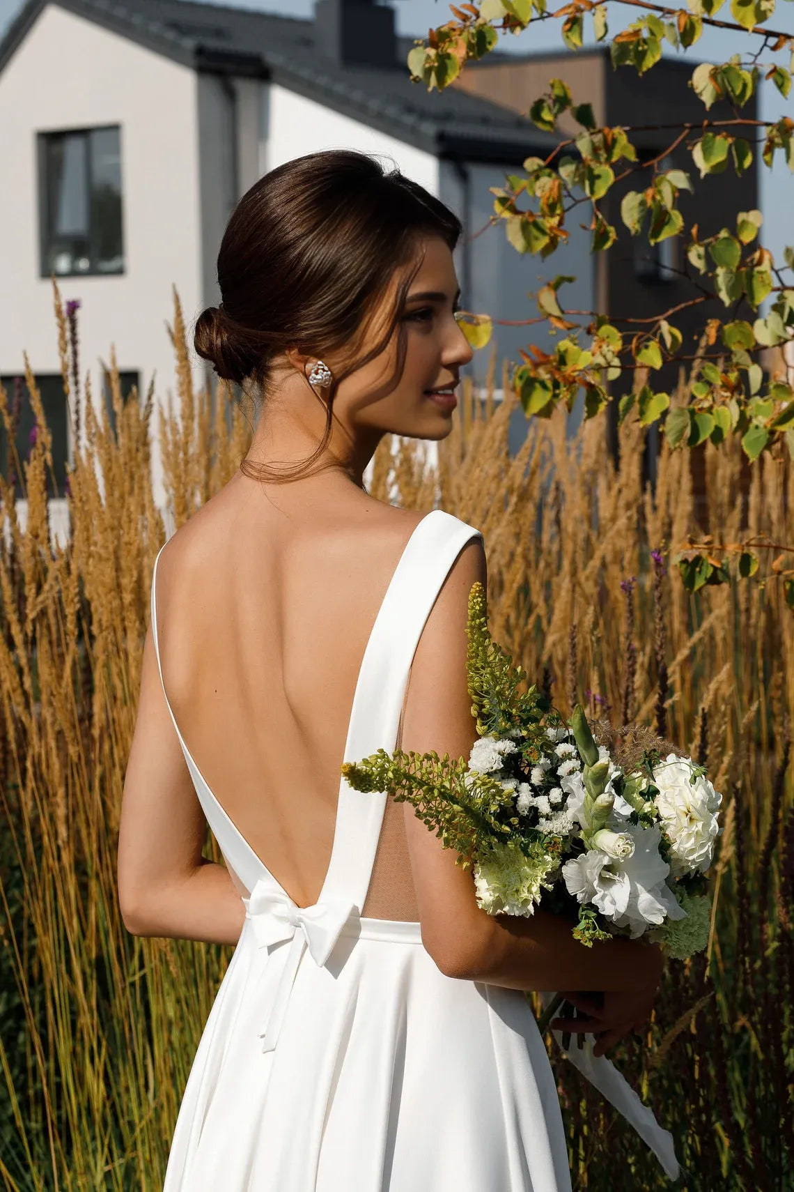 Simple Wedding Dress Modest Satin Wedding Dress Elegant A Line Wedding Dress Open Back With Bow