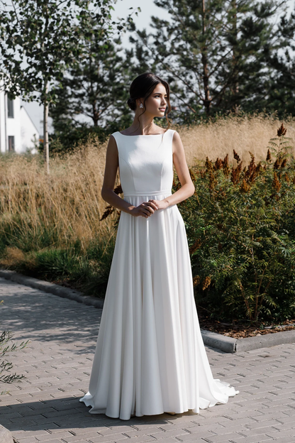 Simple Wedding Dress Modest Satin Wedding Dress Elegant A Line Wedding Dress Open Back With Bow