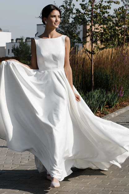Simple Wedding Dress Modest Satin Wedding Dress Elegant A Line Wedding Dress Open Back With Bow