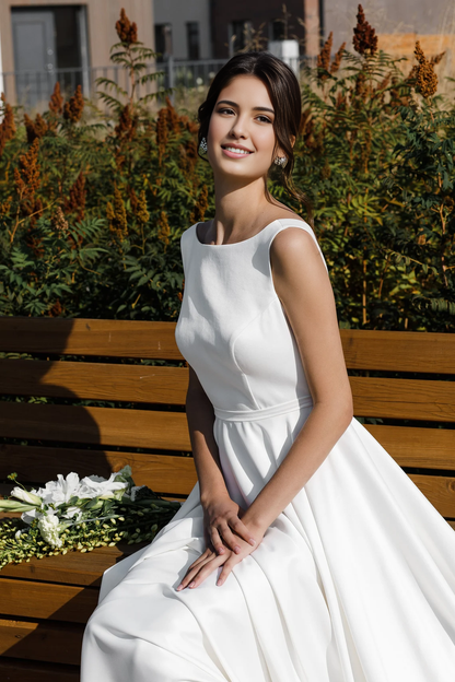 Simple Wedding Dress Modest Satin Wedding Dress Elegant A Line Wedding Dress Open Back With Bow