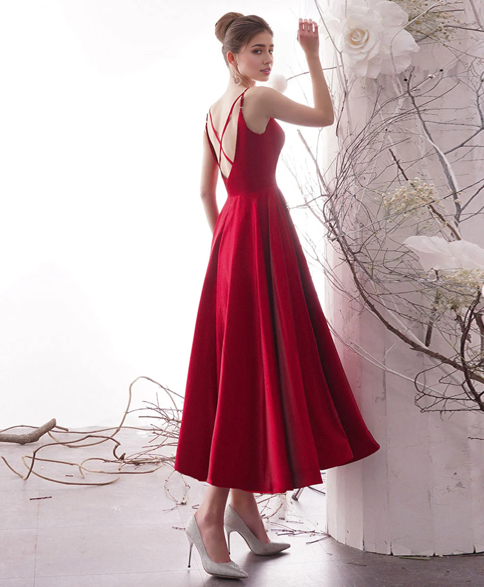 Simple Backless Satin Tea Length Prom Dress