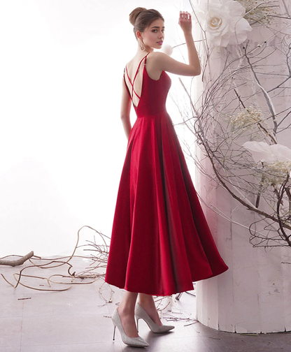 Simple Backless Satin Tea Length Prom Dress