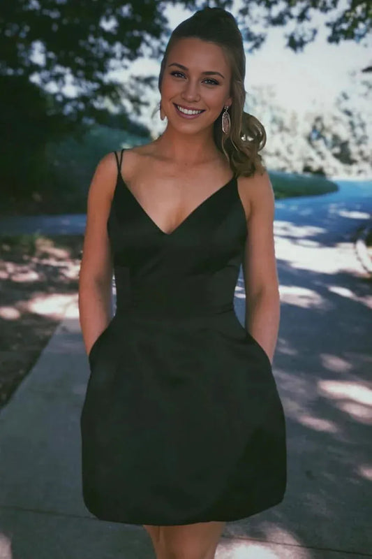 Simple Satin Short Spaghetti Straps A Line Homecoming Dresses