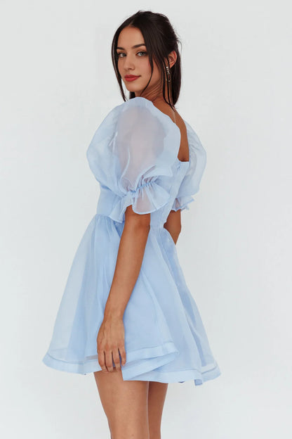 Dress Chic Pale Pink Organza Mini Dress Sweetheart Neck Puff Sleeves With Ruffle Cuffs And Cinched Waist Homecoming Dress