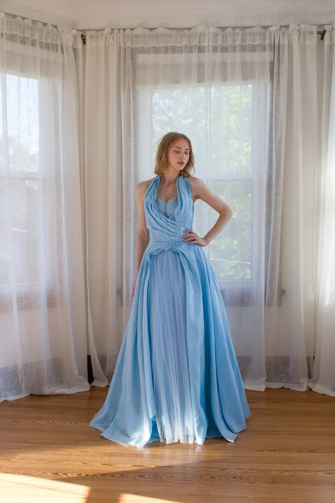 Sky Blue Halter Corset A-line Sleeveless Floor Length Ruffle Prom Party Dress