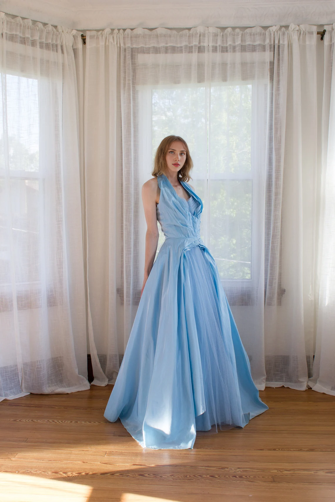 Sky Blue Halter Corset A-line Sleeveless Floor Length Ruffle Prom Party Dress