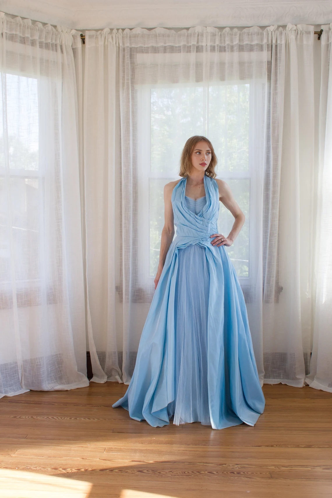 Sky Blue Halter Corset A-line Sleeveless Floor Length Ruffle Prom Party Dress