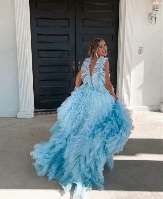 Sky Blue Ruffle Prom Dress Puffy Sleeveless Party Dresses With Train