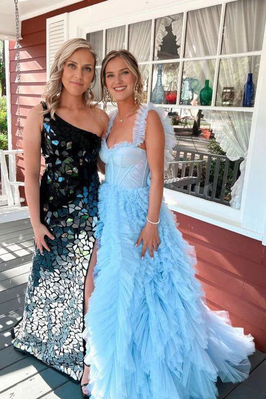 Sky Blue Ruffle Prom Dress Puffy Sleeveless Party Dresses With Train