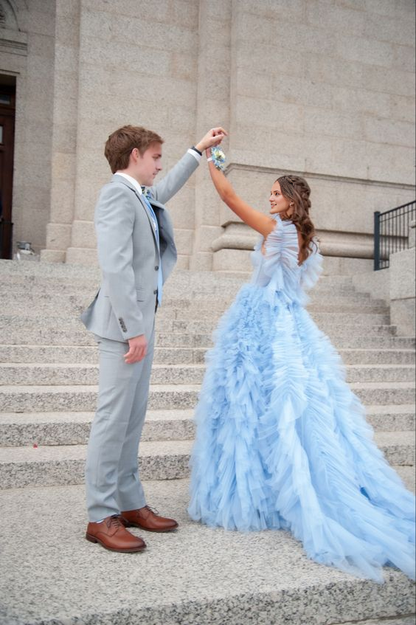 Sky Blue Ruffle Prom Dress Puffy Sleeveless Party Dresses With Train