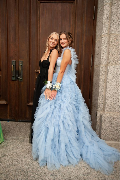 Sky Blue Ruffle Prom Dress Puffy Sleeveless Party Dresses With Train