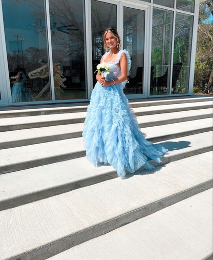 Sky Blue Ruffle Prom Dress Puffy Sleeveless Party Dresses With Train