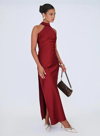 Slate Blue Satin Halter Neck Backless Maxi Dress with Side Slit Prom Dresses