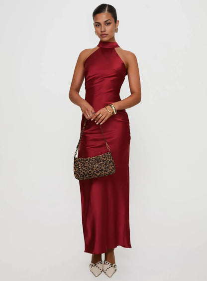 Slate Blue Satin Halter Neck Backless Maxi Dress with Side Slit Prom Dresses