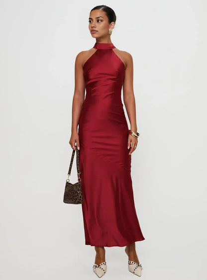 Slate Blue Satin Halter Neck Backless Maxi Dress with Side Slit Prom Dresses